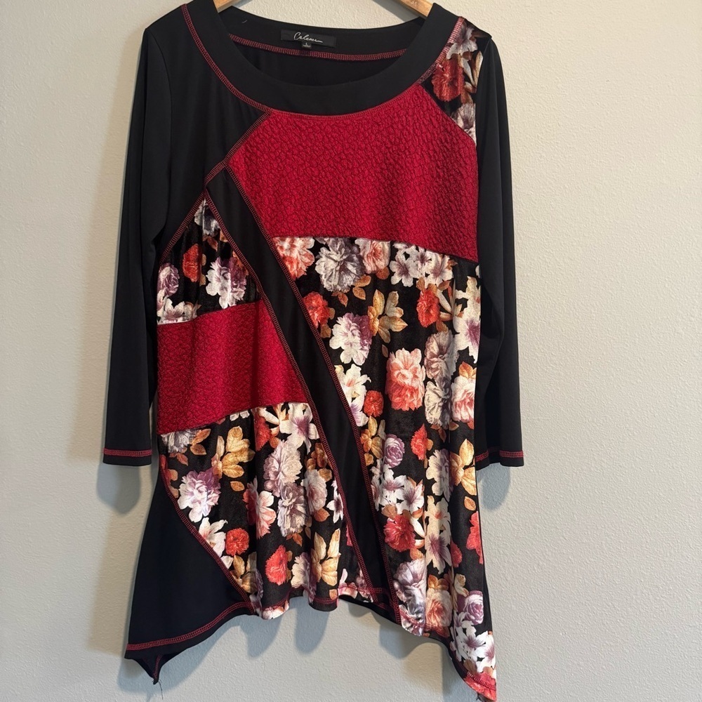 Calessa Tunic Top Velvet Floral Trim Artsy Patchwork Casual Work Large